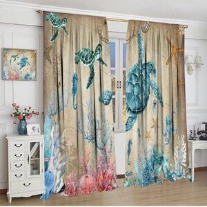 Nautical Green Sea Turtles Curtains, Jellyfish Beach Shell,Coral /Theme Blackout